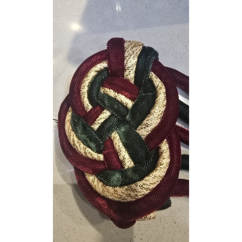 Vintage Velvet Christmas Door Hanger Jingle Bells Braided Knot Burgundy Green